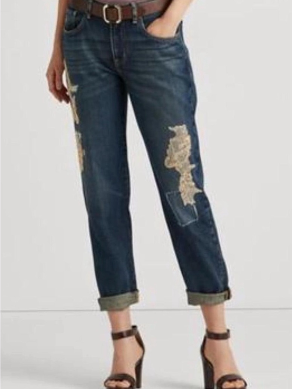 Ralph Lauren Dark Blue Embroidered Lace patchwork beaded Boyfriend taper Jeans